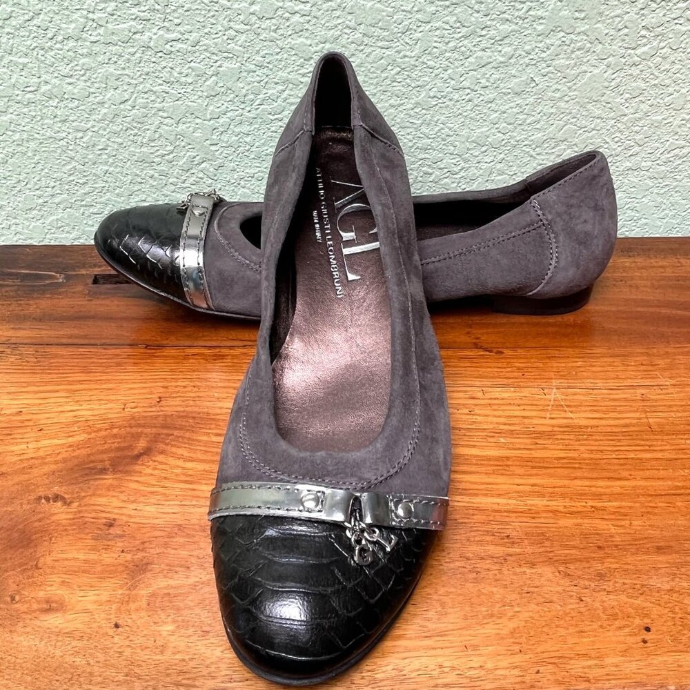 Attilio Giusti Leombruni Cap Almond Toe Grey and Black Flats Shoe 9.5  NIB